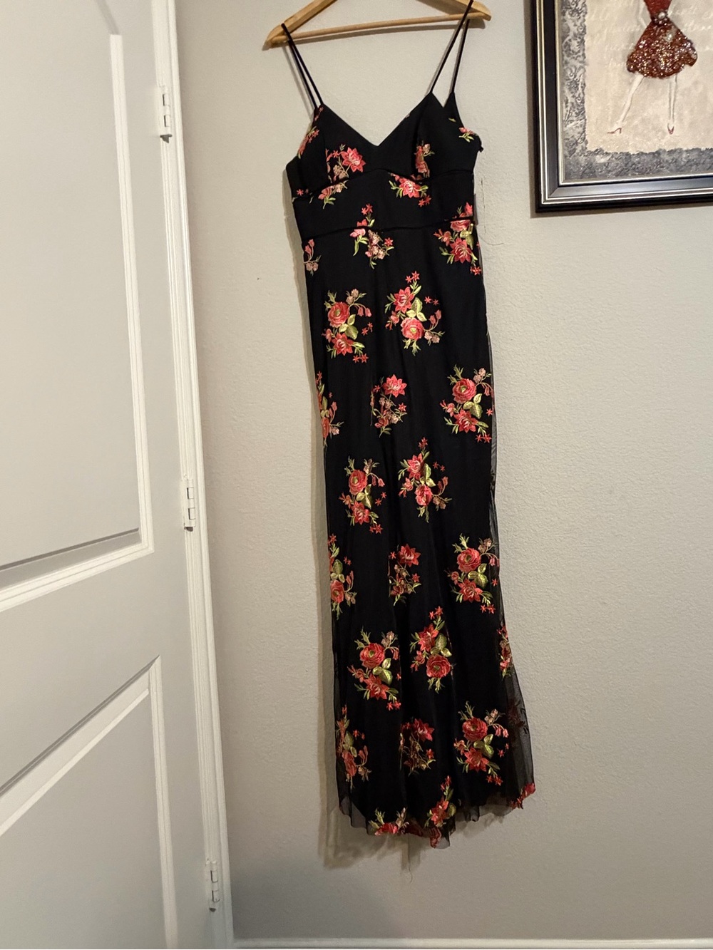 Gianni Bini Black Maxi Dress with Pink and Red Floral Embroidery